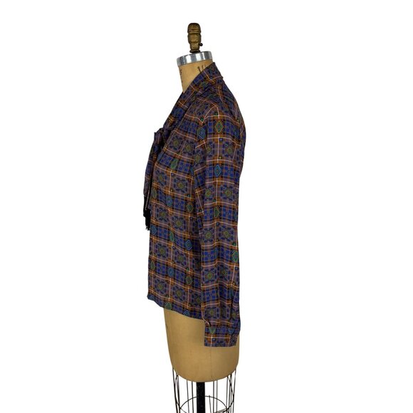 Vintage 80s Southwestern Top Womens M Blue Brown Fringe Necktie Blouse - Picture 8 of 10